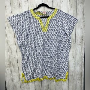 Stella & Dot Beach Coverup Paisley Cinch Waist Blue White Yellow One Size Pom